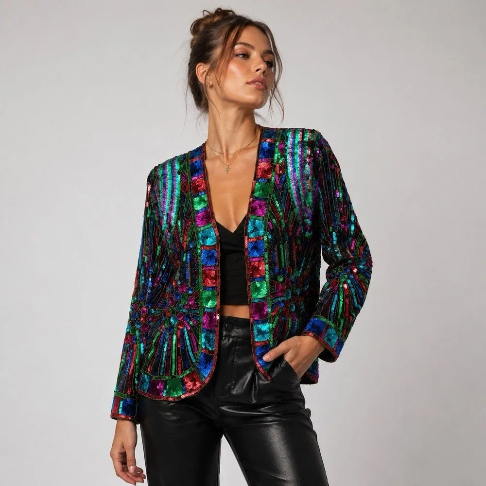 Vintage 100% Silk Sequins Party Jacket Women's Size M Festival Art Deco Rave